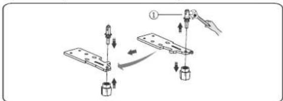 Diagram showing mechanical assembly steps with labeled components and directional arrows indicating motion