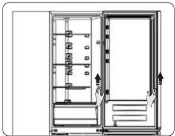 Diagram of a refrigerator with doors open and hands adjusting the door, showing internal compartments and ventilation system (no text or symbols)