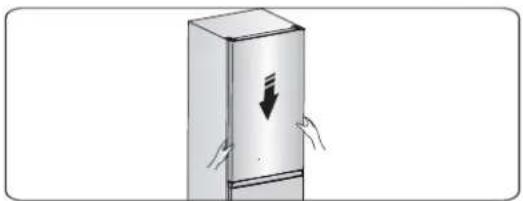 Illustration of a refrigerator with a downward arrow indicating a drop, held by two hands (no text or symbols present)