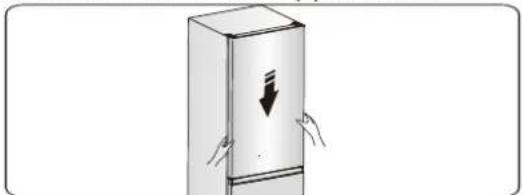 Illustration of a refrigerator with hands holding the door and a downward arrow indicating a drop (no text or symbols)