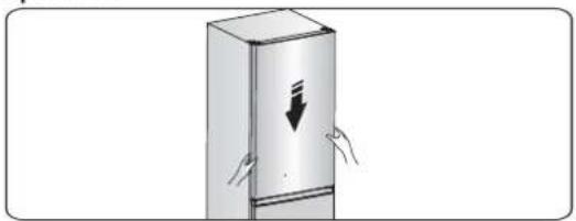 Illustration of a refrigerator with hands holding the door and a downward arrow indicating compression (no text or symbols)