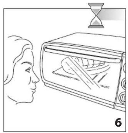 Line drawing of a person facing a window with an open oven, accompanied by a hand holding a clock and an hourglass above (no text or symbols)