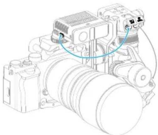 Technical line drawing of a DSLR camera with attached sensor and control panel (no text or symbols).