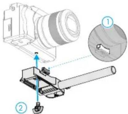 Technical diagram showing mechanical assembly with labeled parts and a magnified inset of a component detail