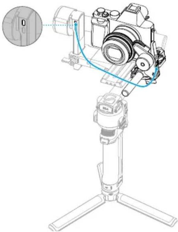 Technical line drawing of a camera mounted on a tripod stand, showing internal components and wiring (no text or symbols)
