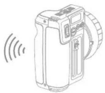 Line drawing of a digital camera with sound waves (no text or symbols)