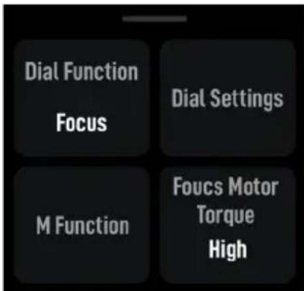 Dial Function: Focus. Dial Settings: M Function. Focus Motor: Torque High.