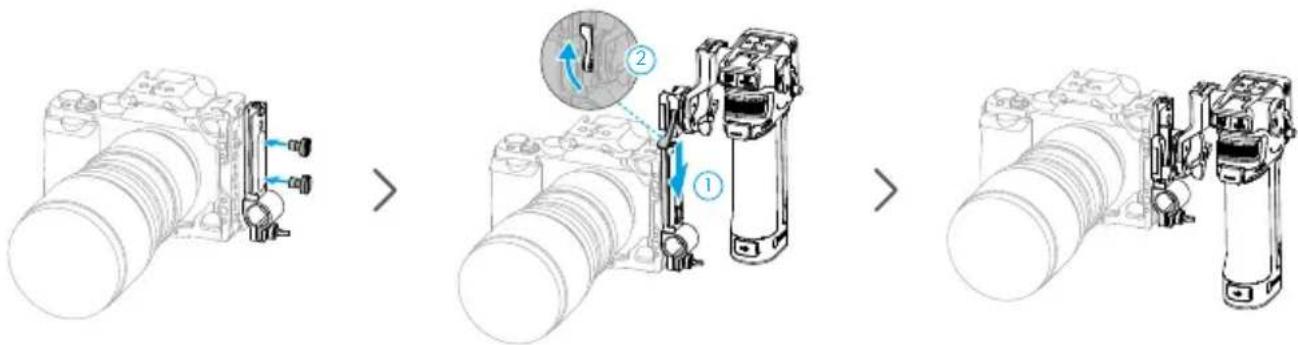 Diagram illustrating camera assembly steps with labeled components and directional arrows.