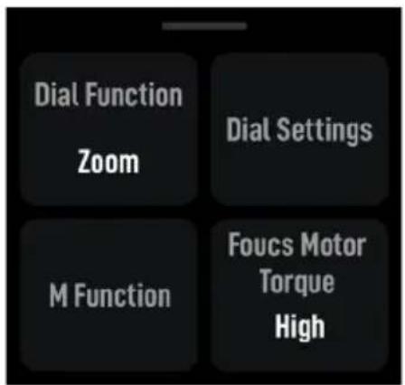 Dial Function: Zoom. M Function: Dial Settings. Focus Motor: Torque High.