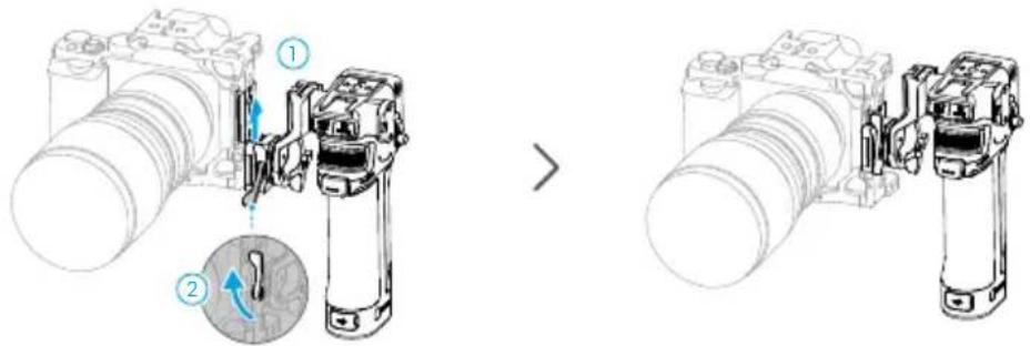 Diagram illustrating camera assembly process with labeled parts and directional arrow, showing before and after states of motion.