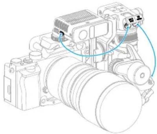 Technical line drawing of a DSLR camera with attached sensor and cable (no text or symbols)