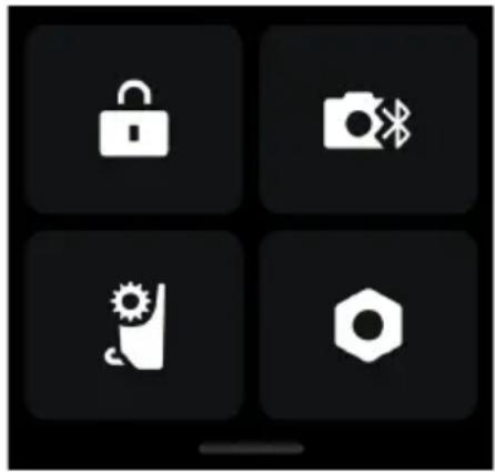 Four black square icons on a dark background: lock, camera, gear, and hexagon (no text or symbols).