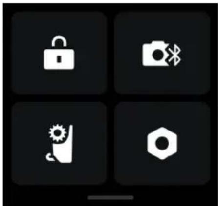 Four black square icons with white symbols: lock, camera, gear, and hexagon on dark background (no text or labels).