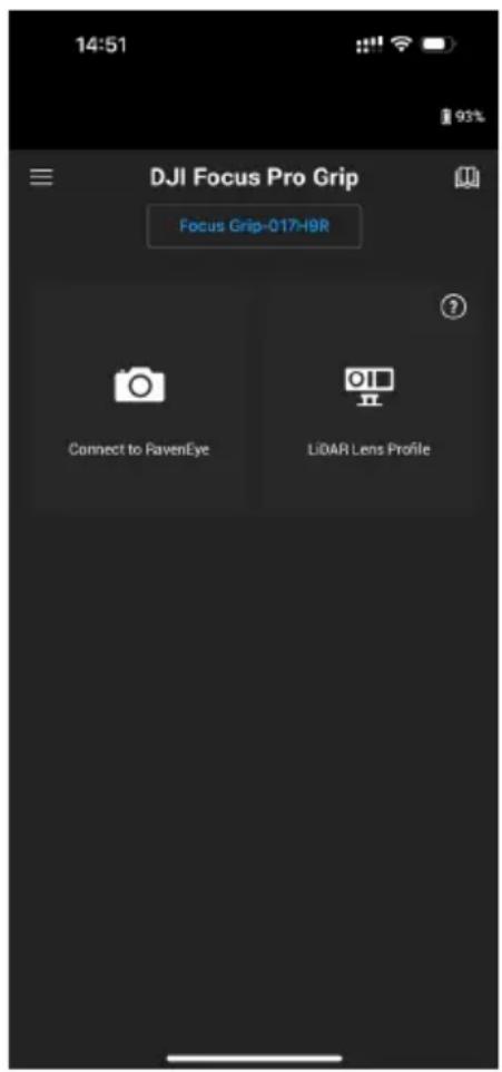 14:51 93% DJI Focus Pro Grip. Focus Grip-017-H9R. Connect to RavenEye. LiDAR Lens Profile.