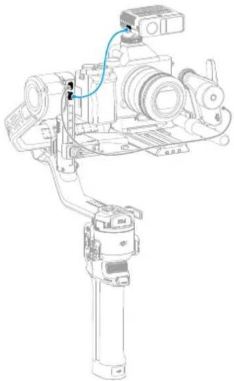 Technical line drawing of a robotic arm with attached camera and sensor components (no text or symbols)