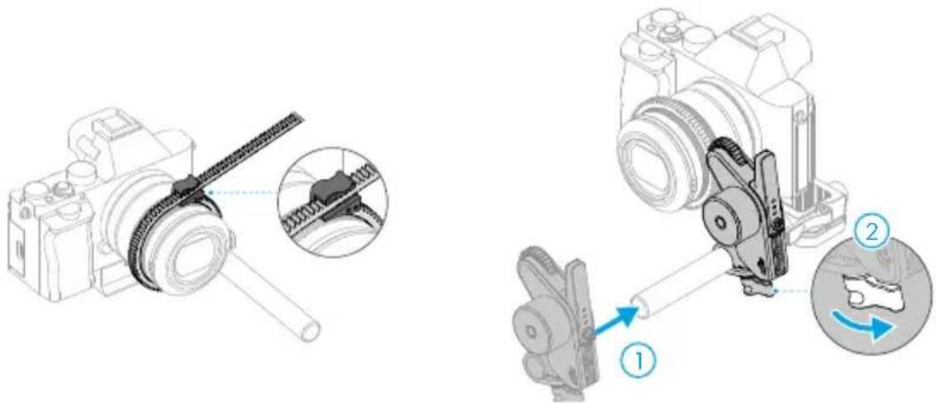 Technical diagram showing two views of a camera assembly with labeled parts and directional arrows indicating motion or assembly.