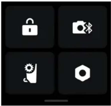 Four black square icons with white symbols: lock, camera, gear, and hexagon on dark background (no text or labels)