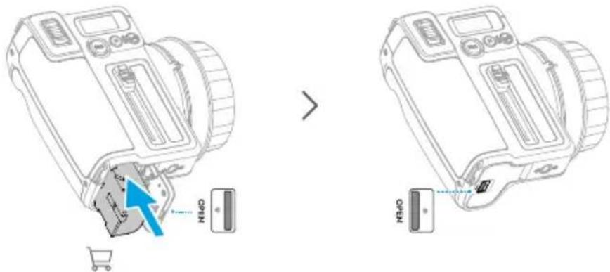 Diagram showing two views of a camera with labeled parts and directional arrows, including 'Open' and 'OKEN' labels.