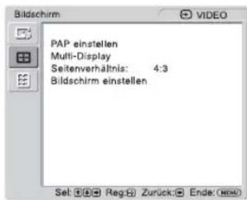 Bildschirm PAP einstellen Multi-Display Seitenverhältnis: 4:3 Bildschirm einstellen Set: 📋 🐃 🐃 Reg: 🐃 Zurück: 🐃 Ende: (RGB)