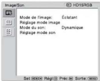 Mode de l'image : Éclatant, réglage mode image, mode du son : Dynamique, réglage mode son.
