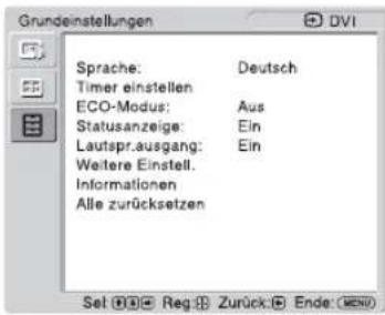 Grundeinstellungen Sprache: Deutsch Timer einstellen ECO-Modus: Aus Statusanzeige: Ein Lautspr.ausgang: Ein Weitere Einstell. Informationen Alle zurücksetzen Set Ⓧ️ Reg Ⓧ️ Zurück Ⓧ️ Ende Ⓧ️ (MEN)