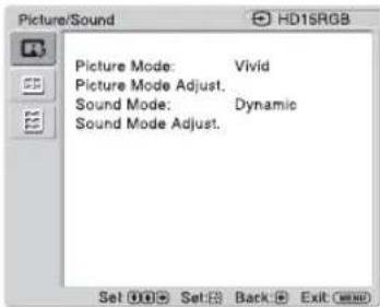 Picture/Sound HD15RGB Picture Mode: Vivid Picture Mode Adjust. Sound Mode: Dynamic Sound Mode Adjust. Set Back Exit