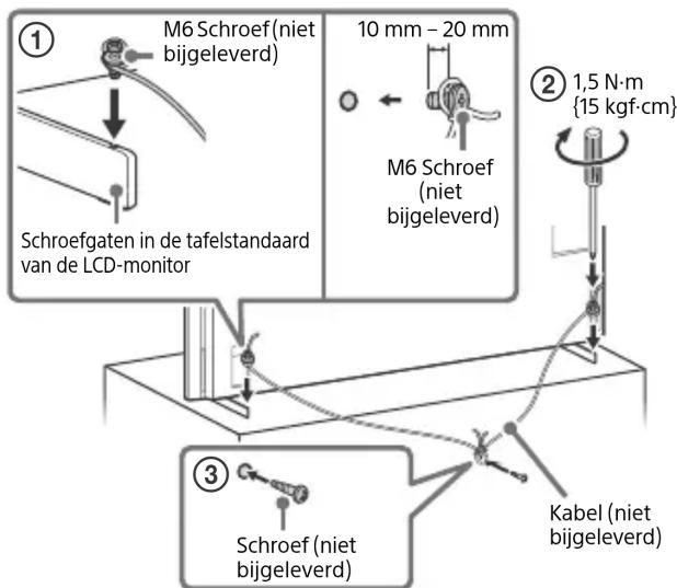 graph TD A["① Schroefgaten in de tafelstandaard van de LCD-monitor"] --> B["M6 Schroef (niet bijgeleverd)"] B --> C["10 mm - 20 mm"] C --> D["M6 Schroef (niet bijgeleverd)"] D --> E["② 1,5 N·m {15 kgf·cm}"] E --> F["Kabel (niet bijgeleverd)"] F --> G["③ Schroef (niet bijgeleverd)"]