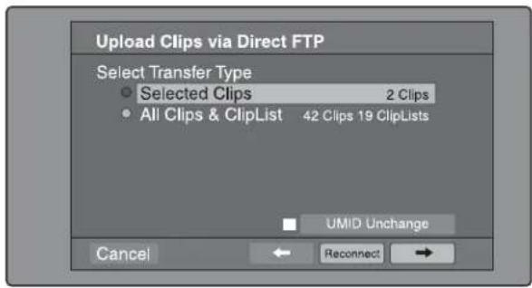 Télécharger des clips via FTP direct Sélectionner le type de transfert • Clips sélectionnés 2 clips • Tous les clips et listes de clips 42 clips 19 listes de clips UMID inchangé Annuler ← Reconnecter →