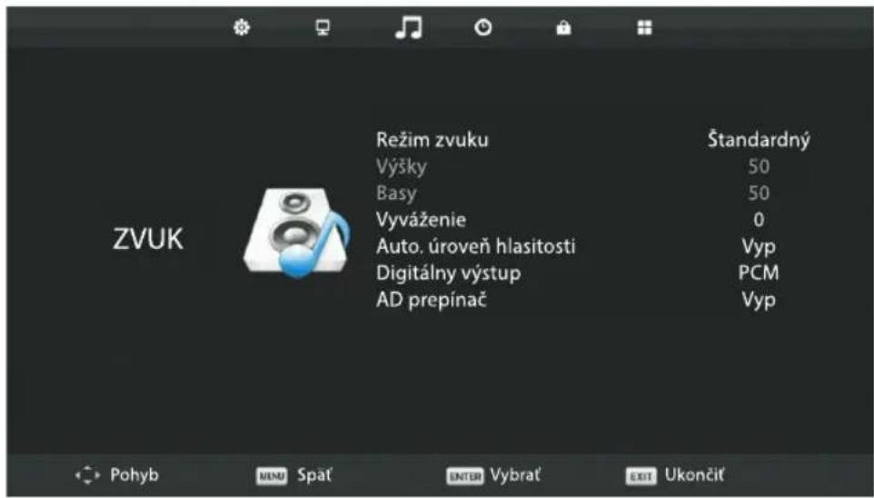 Režim zvuku Výšky Basy Vyváženie Auto, úroveň hlasitosti Digitálny výstup AD prepínač Štandardný 50 50 0 Vyp PCM Vyp Pohyb MENU Spát ENTER Vybrat' EXIT Ukončit'