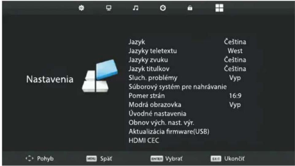 Nastavenia Jazyk Čeština Jazyky teletextu West Jazyky zvuku Čeština Jazyk titulkov Čeština Sluch. problémy Vyp Súborový systém pre nahrávanie Pomer strán 16:9 Modrá obrazovka Vyp Úvodné nastavenia Obnov vých. nast. výr. Aktualizácia firmware(USB) HDMI CEC Pohyb MENU Spät ENTER Vybrat EXIT Ukončit