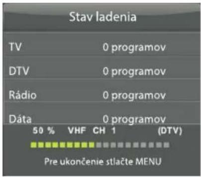 Stav Iadenia TV 0 programov DTV 0 programov Rádio 0 programov Dáta 0 programov 50 % VHF CH 1 (DTV) Pre ukončenie stlačte MENU