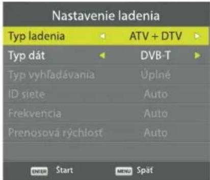 Nastavenie lodenia Typ ladenia ATV + DTV Typ dát DVB-T Typ vyhřadávania Upině ID siete Auto Frekvencia Auto Prenosová rýchlost Auto ENTER Start MENU Spät
