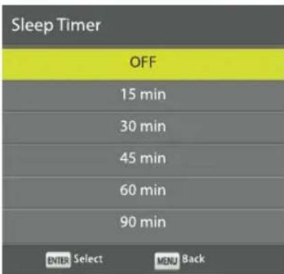 Sleep Timer OFF 15 min 30 min 45 min 60 min 90 min ENTER Select MENU Back
