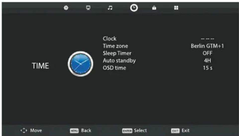 Clock Time zone Sleep Timer Auto standby OSD time TIME -- -- Berlin GTM+1 OFF 4H 15 s Move MENU Back ENTER Select EXIT Exit