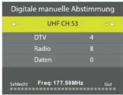 Digitale manuelle Abstimmung UHF CH 53 DTV 4 Radio 8 Daten 0 Schlecht Freq: 177.50MHz Gut