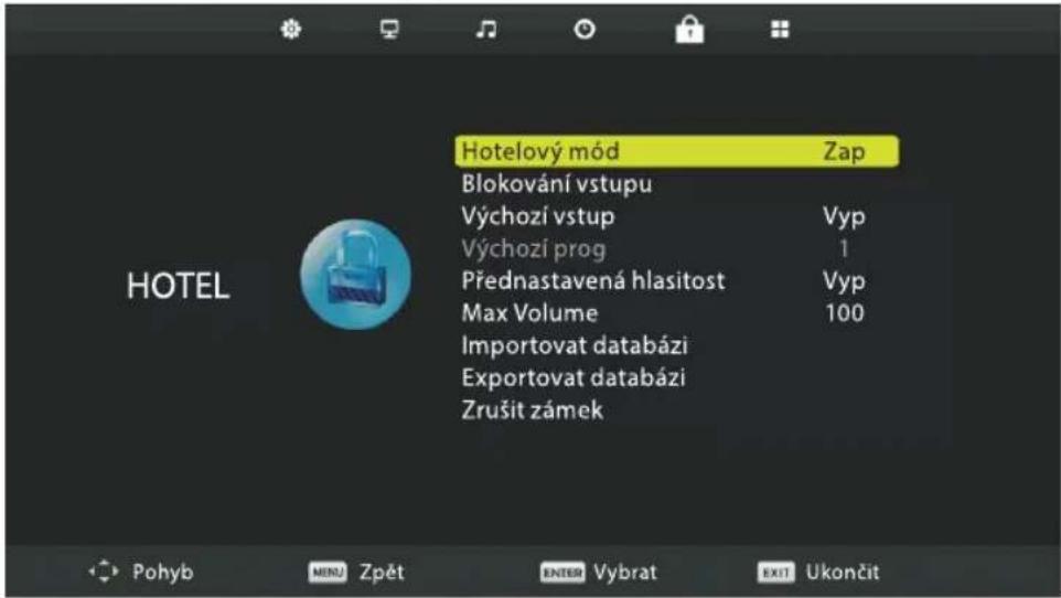 Hotelový mód Zap Blokování vstupu Výchozí vstup Vyp Výchozí prog 1 Přednastavená hlasitost Vyp Max Volume 100 Importovat databázi Exportovat databázi Zrušit zámek