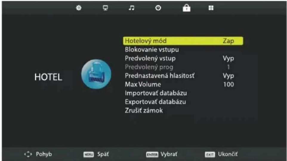 Hotelový mód Zap Blokovanie vstupu Predvolený vstup Vyp Predvolený prog 1 Prednastavená hlasitost' Vyp Max Volume 100 Importovať databázu Exportovať databázu Zrušít zámok Pohyb MENU Spät ENTER Vybrať EXIT Ukončit'