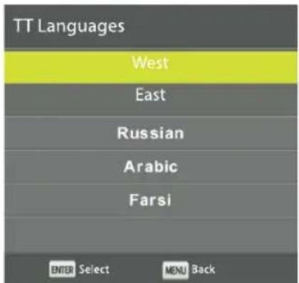 TT Languages West East Russian Arabic Farsi ENTER Select MENU Back