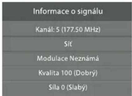Informace o signálu Kanál: 5 (177.50 MHz) Sít Modulace Neznámá Kvalita 100 (Dobrý) Síla 0 (Slabý)