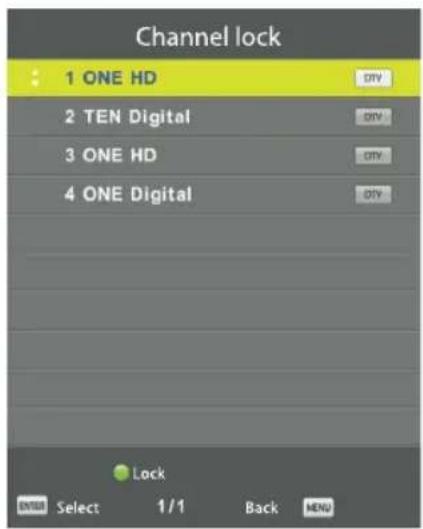 Channel lock 1 ONE HD 2 TEN Digital 3 ONE HD 4 ONE Digital ONTV ONTV ONTV ONTV Lock ENTER Select 1/1 Back MENU