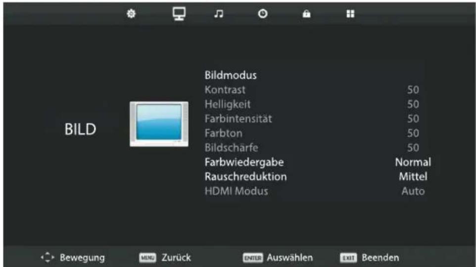 BILD Bildmodus Kontrast 50 Helligkeit 50 Farbintensität 50 Farbton 50 Bildscharfe 50 Farbwiedergabe Normal Rauschreduktion Mittel HDMI Modus Auto Bewegung MENU Zurück ENTER Auswählen EXIT Beenden