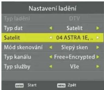 Nastavení ladění Typ ladění DTV Typ dat Satelit Satelit 04 ASTRA 1E, .. Mód skenování Slepy sken Typ kanálu Free+Encrypted Typ služby Vše ENTER Start MENU Zpět