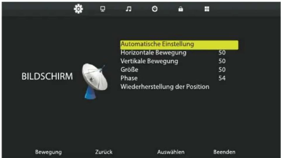 Automatische Einstellung Horizontale Bewegung 50 Vertikale Bewegung 50 Größe 50 Phase 54 Wiederherstellung der Position Bildschirm Bewegung Zurück Auswählen Beenden