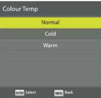 Colour Temp Normal Cold Warm ENTER Select MENU Back