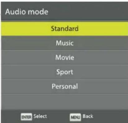 Audio mode Standard Music Movie Sport Personal ENTER Select MENU Back