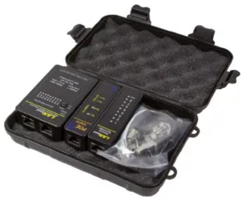 Black open case containing a portable network device with ports and connectors, no visible text or symbols on the device itself.