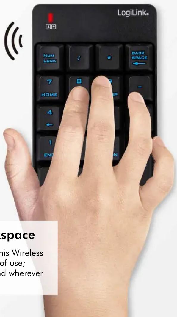 LogiLink NUM LOCK / * BACK SPACE ← 7 8 - HOME 4 1 END space his Wireless of use; d wherever