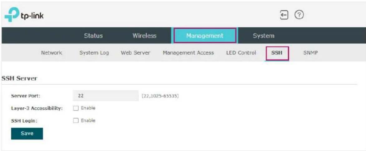 tp-link Status Wireless Management System Network System Log Web Server Management Access LED Control SSH SNMP SSH Server Server Port: 22 [22,1025-65535] Layer-3 Accessibility: Enable SSH Login: Enable Save