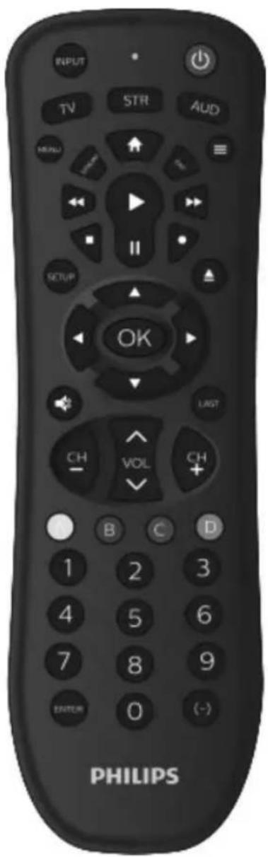INPUT TV STR AUD MENU SETUP OK LAST CH VOL CH - B C D 1 2 3 4 5 6 7 8 9 ENTER 0 (-) PHILIPS