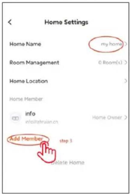 Home Settings Home Name my home > Room Management 0 Room(s) > Home Location Home Member info info@zhruian.cn Home Owner > Add Member step 3 Delete Home